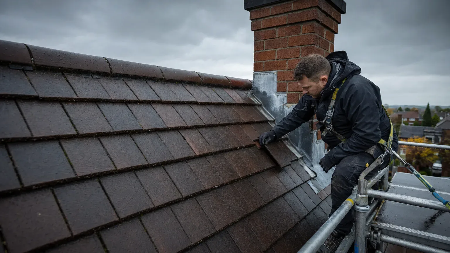 Illustrative AI-generated roofer inspecting tiles and chimney flashing