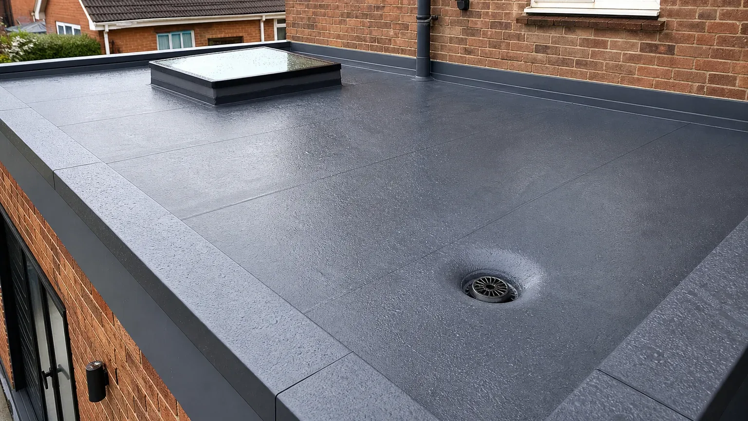 Illustrative AI-generated flat roofing project image for a roofer website demonstration